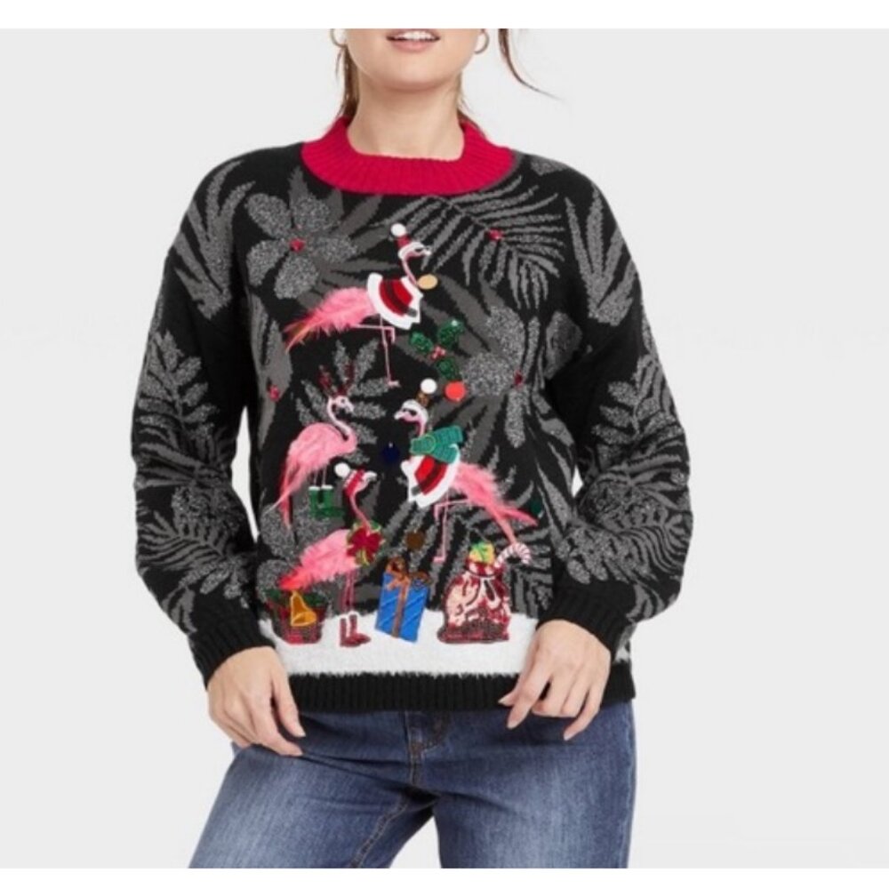 33 Degrees Women's Flamingo Festive Black Red l Christmas Sweater Size XL
